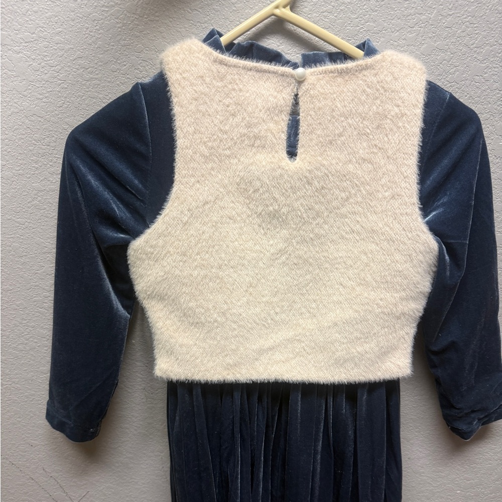 Blue Velvet Dress with White Fuzzy Vest